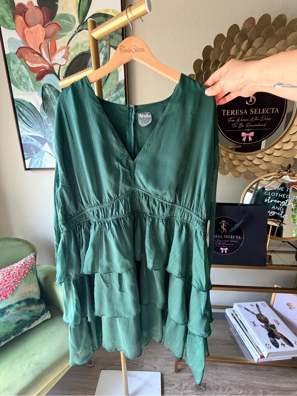 NWT Arula Emerald Green Tiered Ruffle Midi Dress Size A 1X - Picture 3 of 11